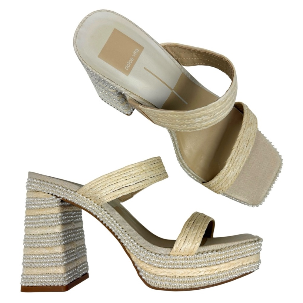 Dolce Vita Cream Braided Pearl-Trim Block Heel Sandal - Picture 3 of 14